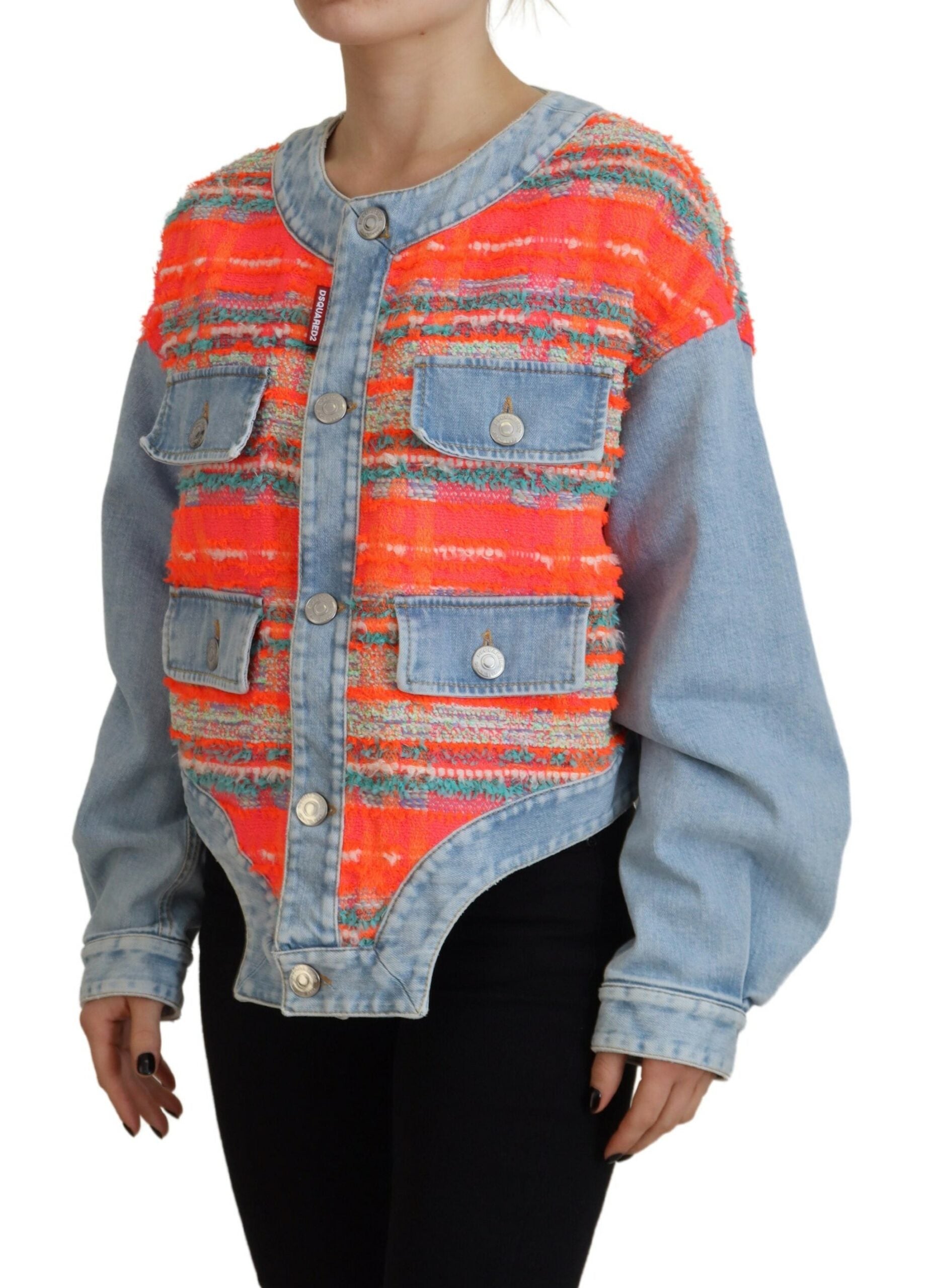 Orange Blue Panelled Button Front Denim Jacket