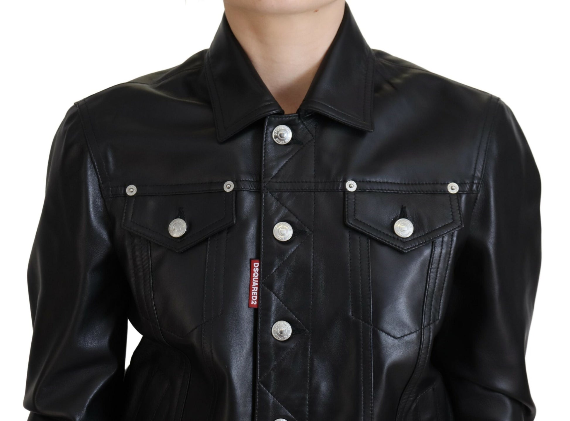 Black Leather Collared Long Sleeves Jacket