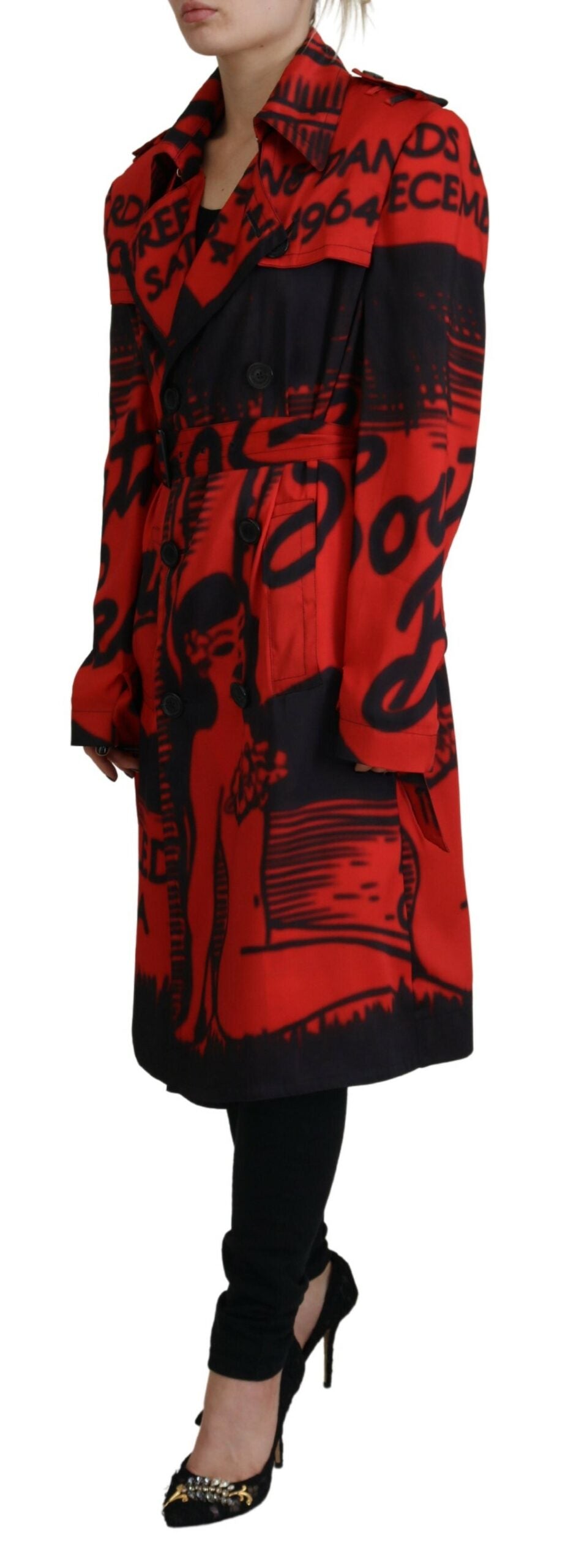 Red Printed Button Collared Desigual Coat Jacket