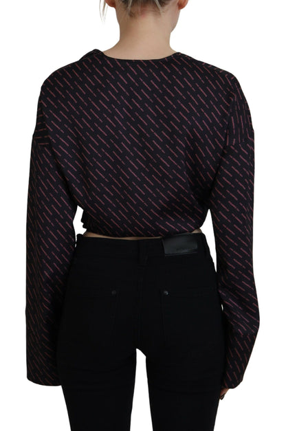 Black Polyester Cropped Logo Printed Blouse Top