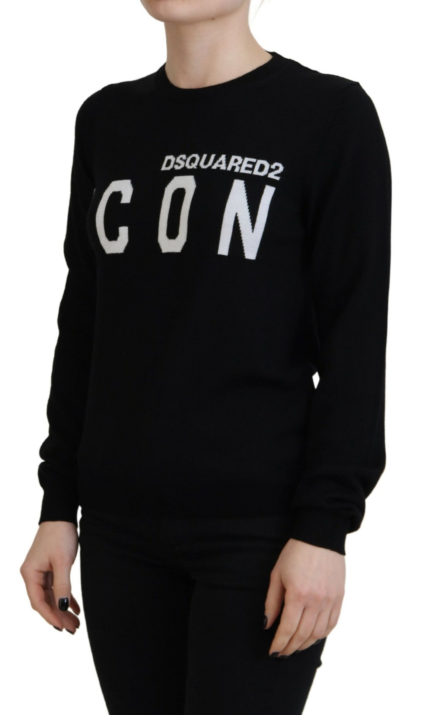 Black Virgin Wool Logo Print Long Sleeves Sweater