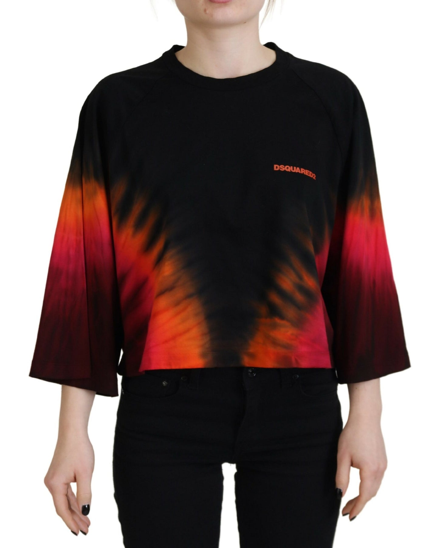 Black Cotton Tie Dye Crew Neck Casual Top