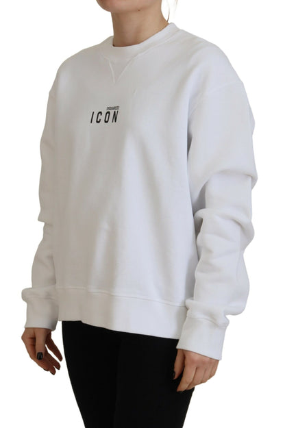 White Cotton Printed Long Sleeve Crew Neck Sweater