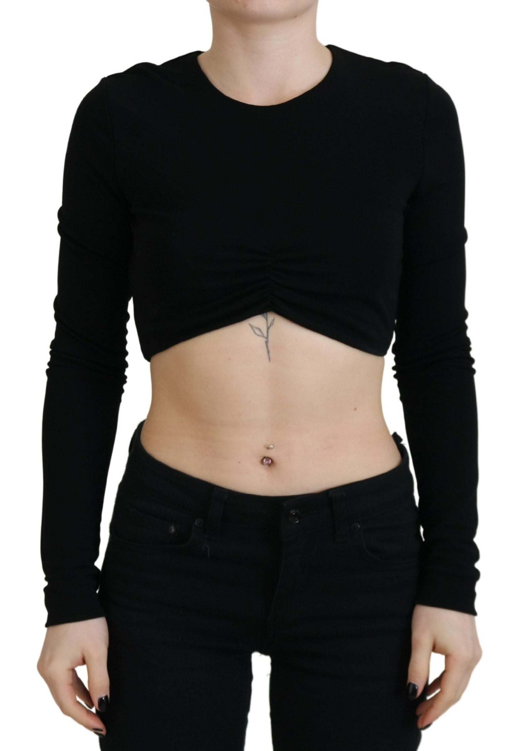 Black Viscose Cropped Round Neck Long Sleeves Top