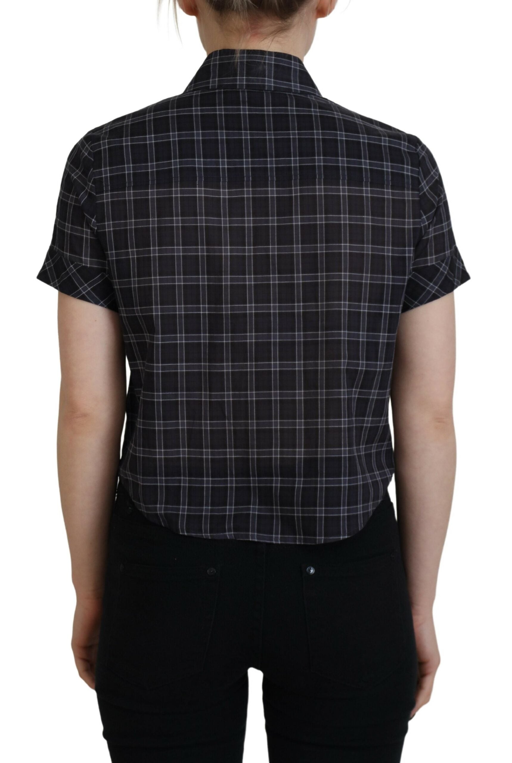 Black Checkered Collared Button Short Sleeves Top