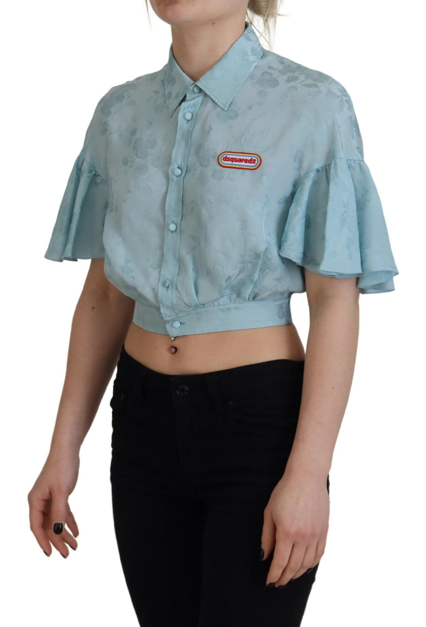 Blue Collared Button Down Short Sleeve Cropped Top