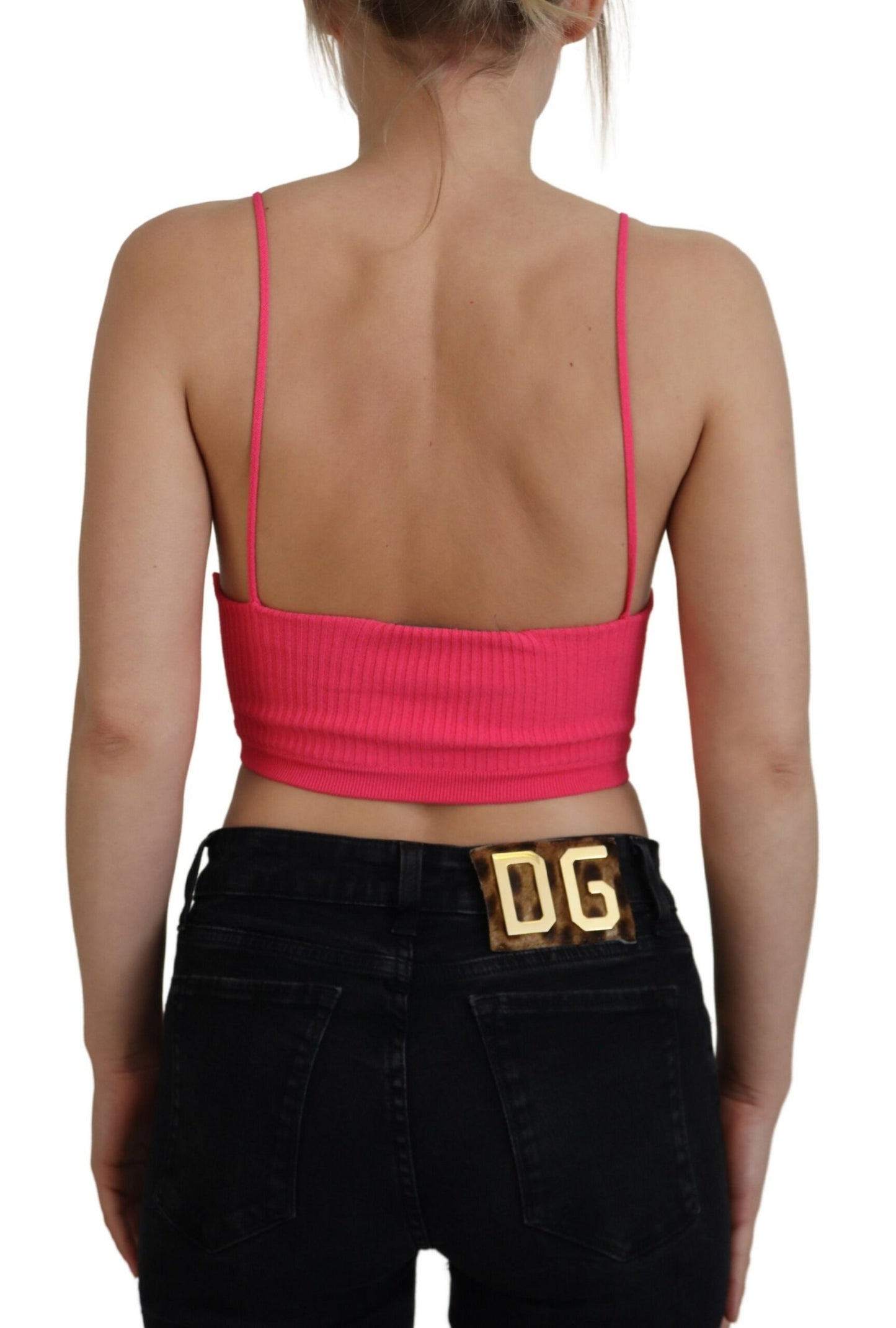 Pink Ribbed Knit Bra Cropped Spaghetti Strap Top