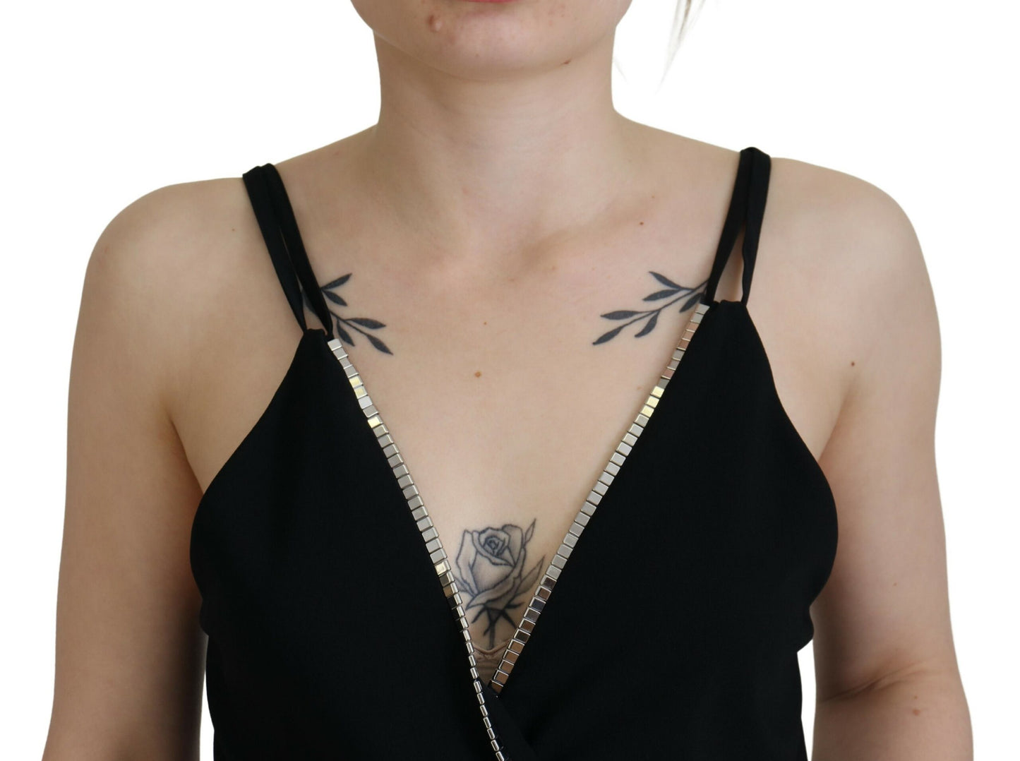 Black Embellished Deep V-neck Sleeveless Tank Top