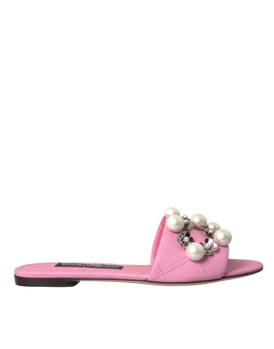 Pink Embellished Leather Flats Sandals Shoes