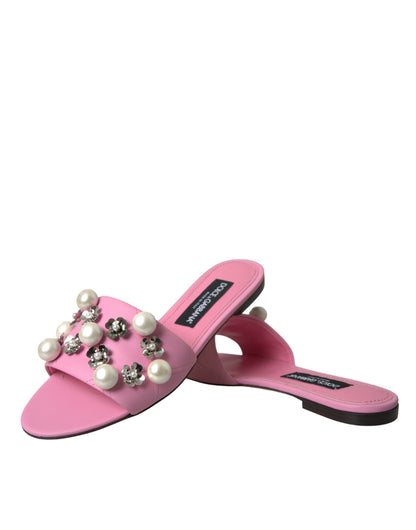 Pink Embellished Leather Flats Sandals Shoes