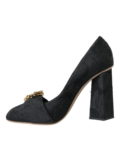 Black Brocade Crystals Heels Pumps Shoes