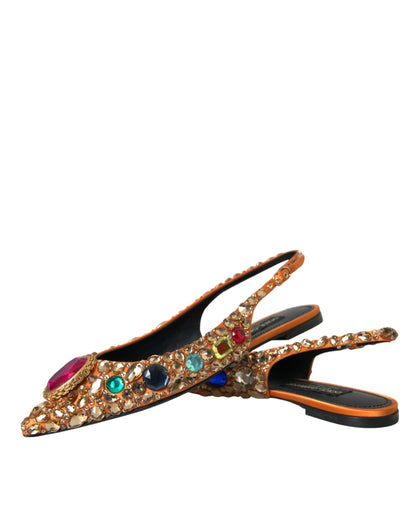 Orange Satin Crystals Flats Sandals Shoes