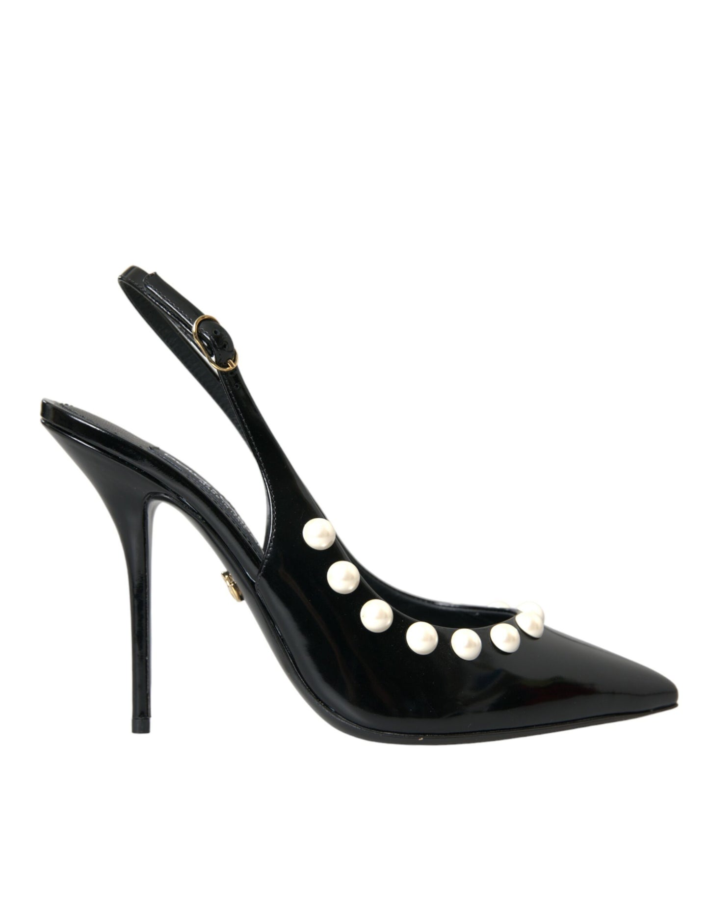 Black Leather Faux Pearl Heel Slingback Shoes