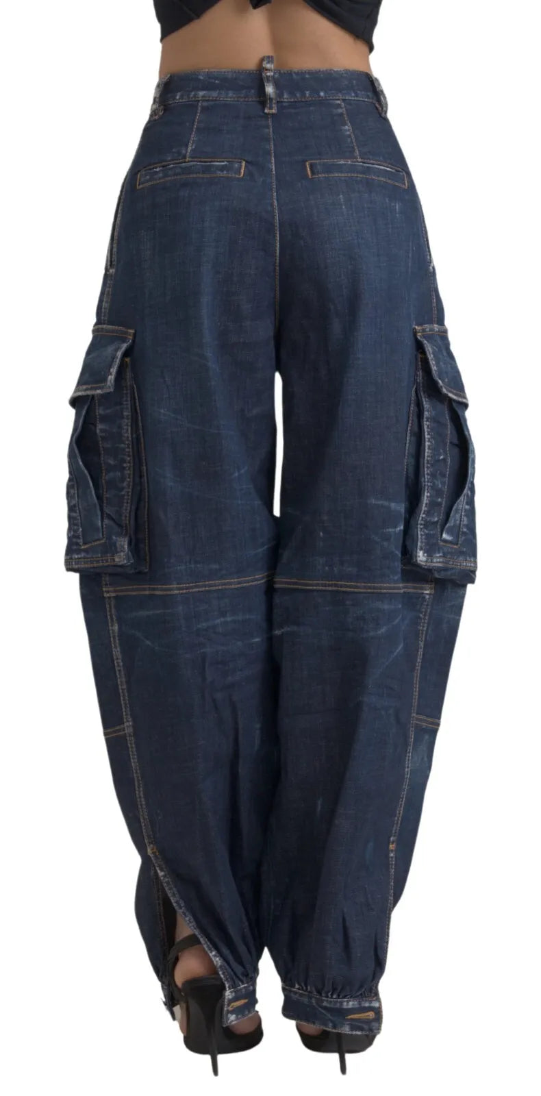 Blue High Waist Cotton Cargo Baggy Denim Jeans