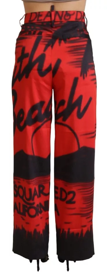 Red Printed High Waist Straight Pants