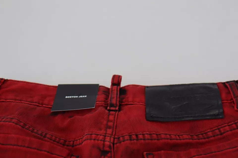 Red Low Waist Cotton Stretch Skinny Pants