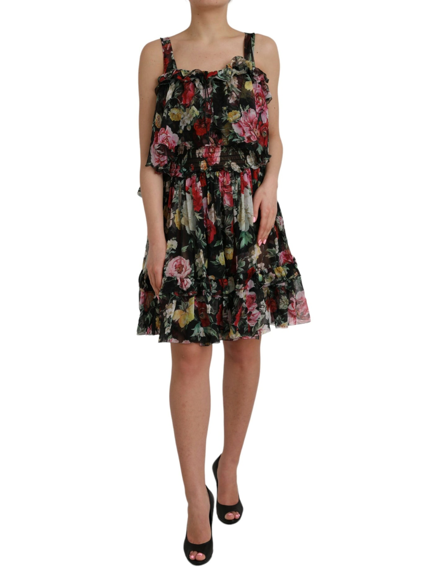 Black Floral Silk A-line Sleeveless Dress