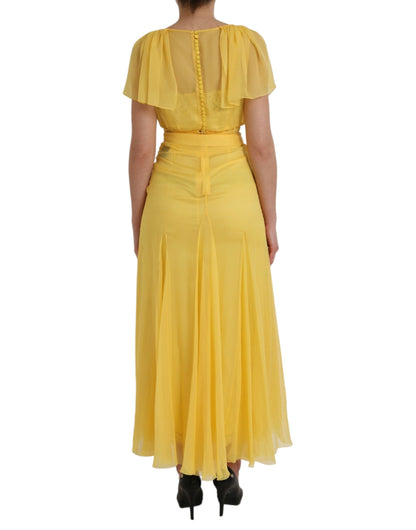 Yellow Silk Sheath Belted Long Maxi Dress