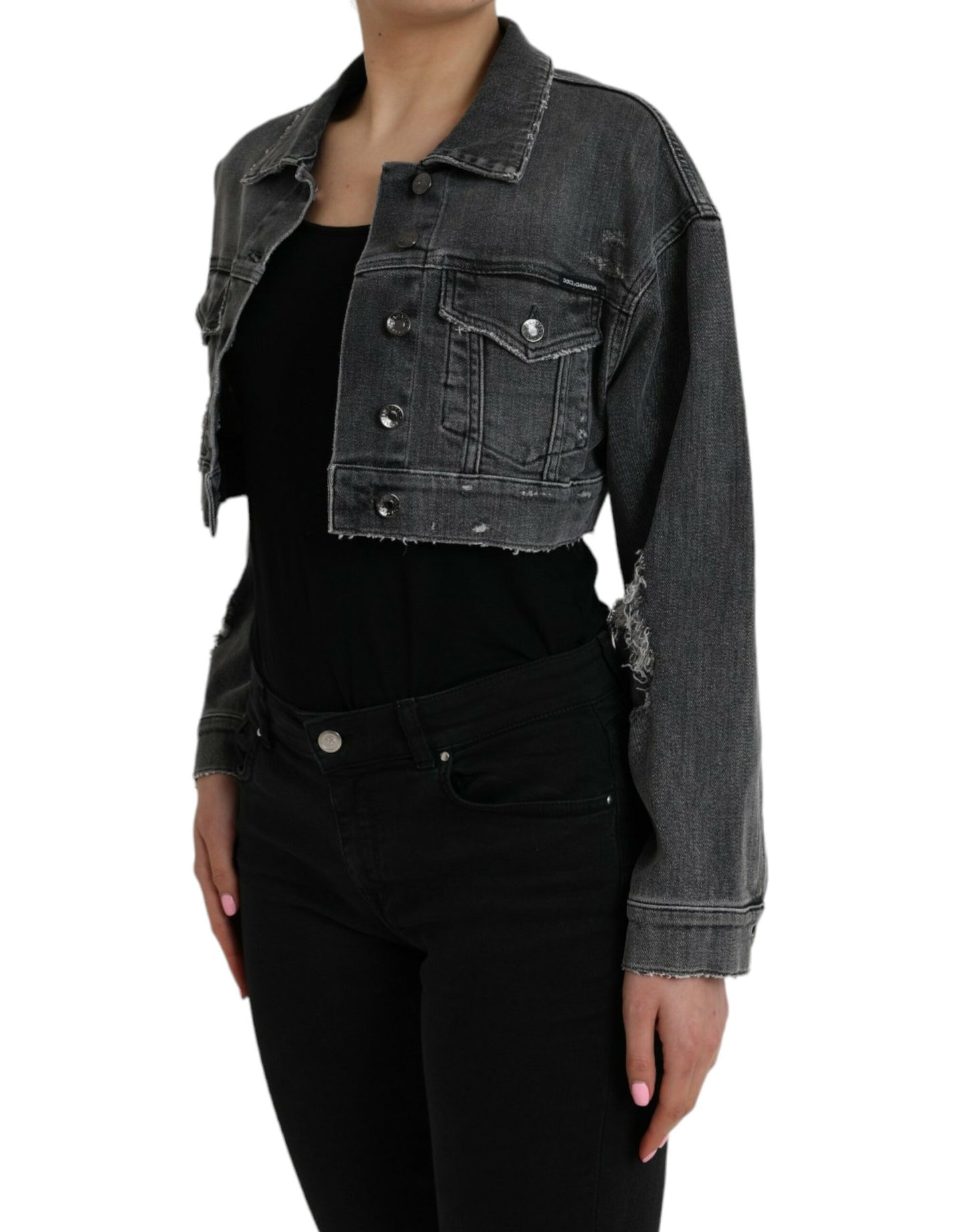 Dark Gray Cotton Stretch Cropped Denim Jacket