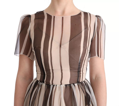 Beige Brown Striped Silk Sheath Dress