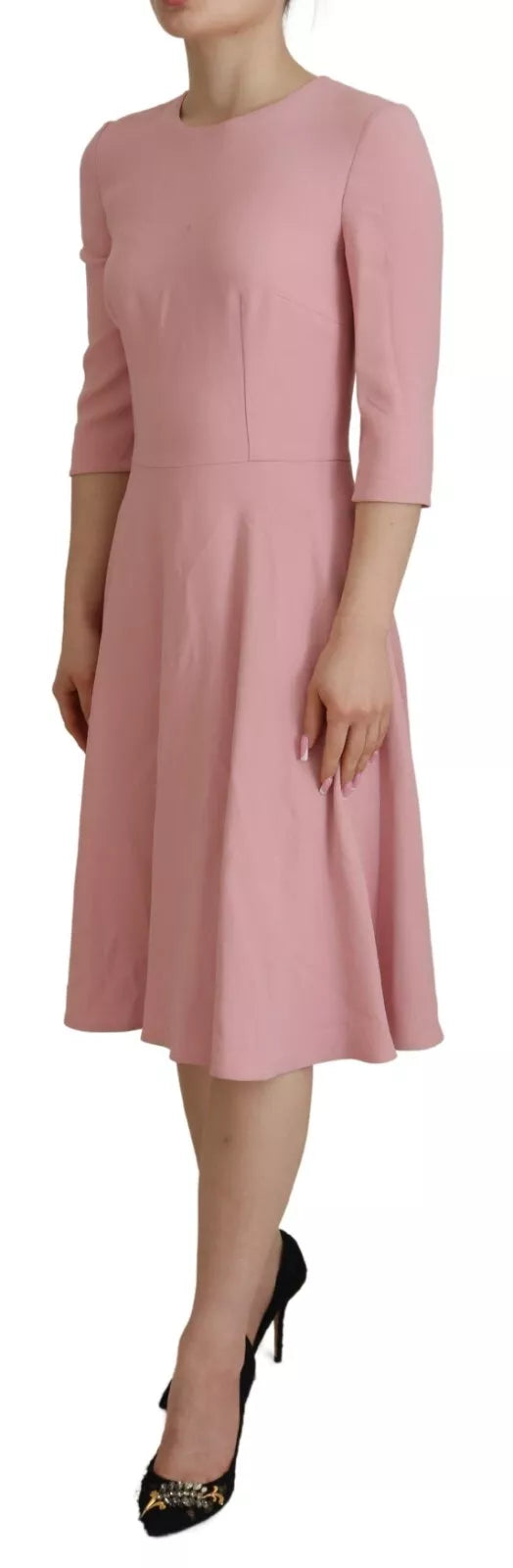 Pink A-line Flare Viscose 3/4 Sleeves Dress