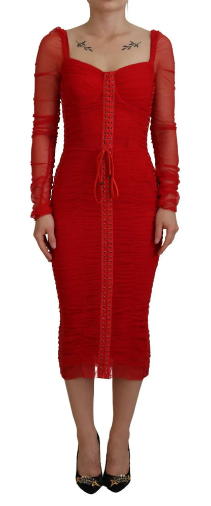 Red Mesh Trim Bodycon Sheath Midi Dress