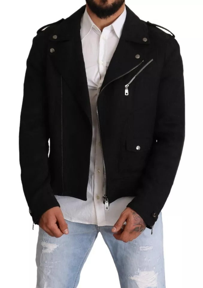 Black Brocade Full Zip Biker Coat Jacket