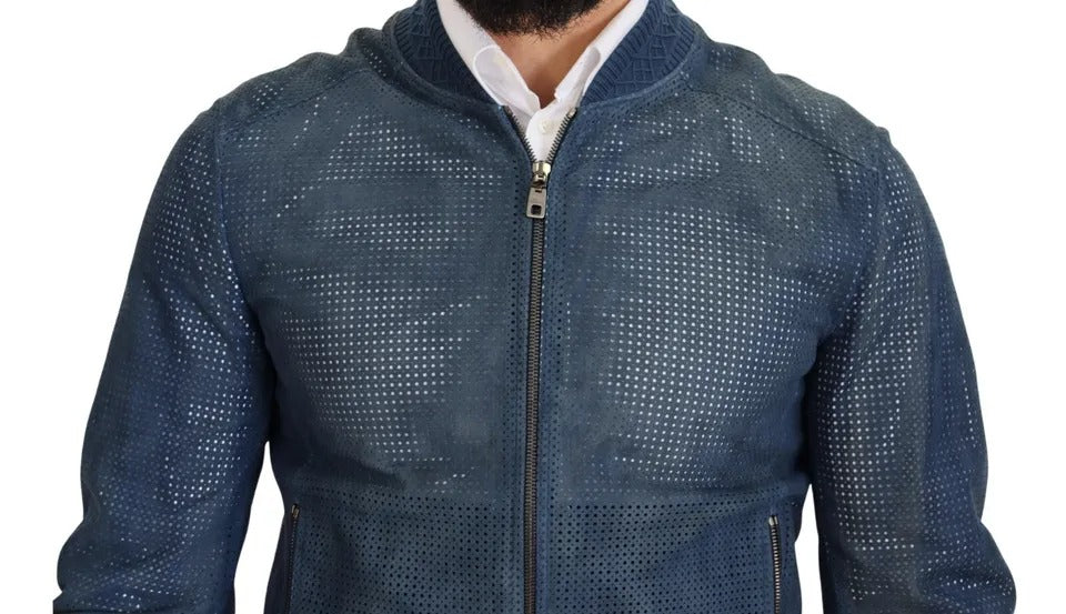 Blue Leather Perforated Full Zip Jacket