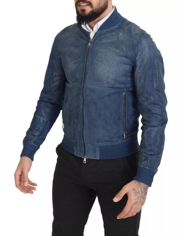 Blue Leather Perforated Full Zip Jacket