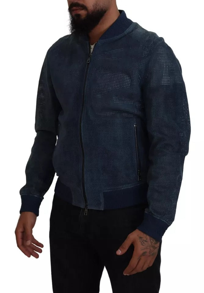 Blue Leather Perforated Full Zip Jacket