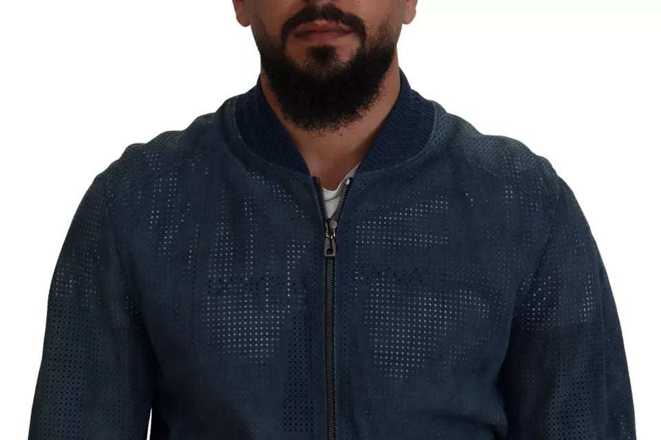 Blue Leather Perforated Full Zip Jacket