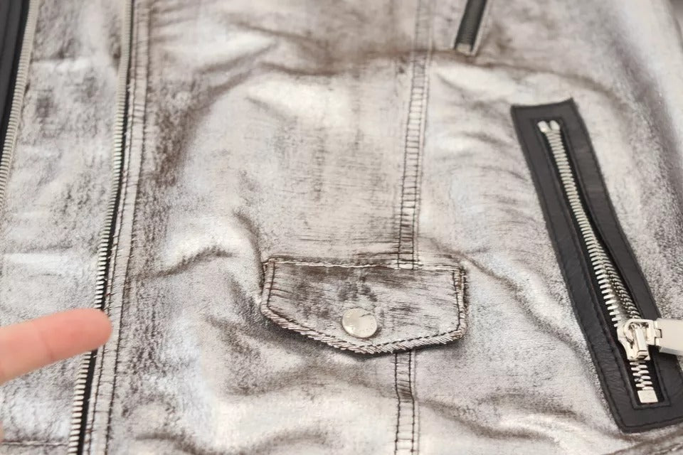 Silver Leather Biker Coat Lambskin Jacket