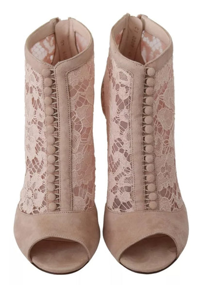 Beige Lace Suede Peep Toe Ankle Boots Shoes