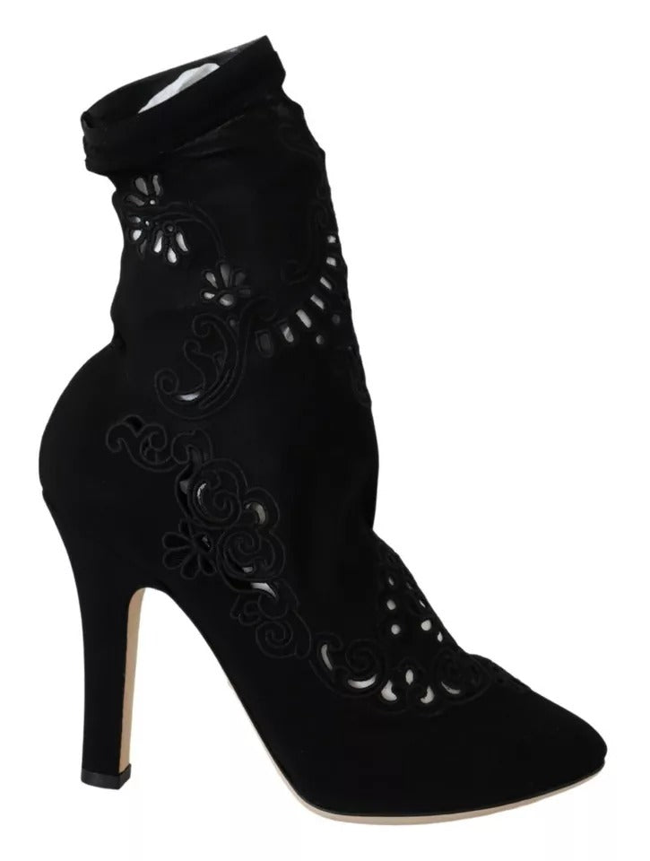 Black Stretch Pumps Boots Floral Lace Shoes