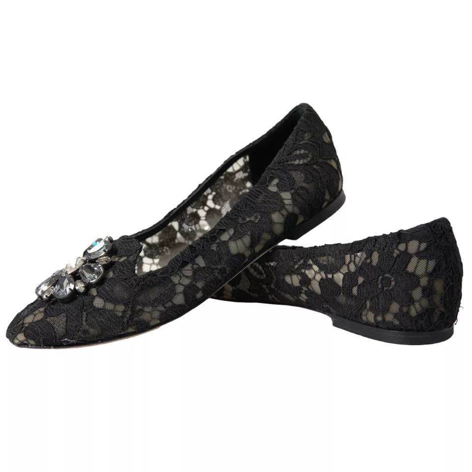 Black Taormina Lace Crystals Flats Shoes