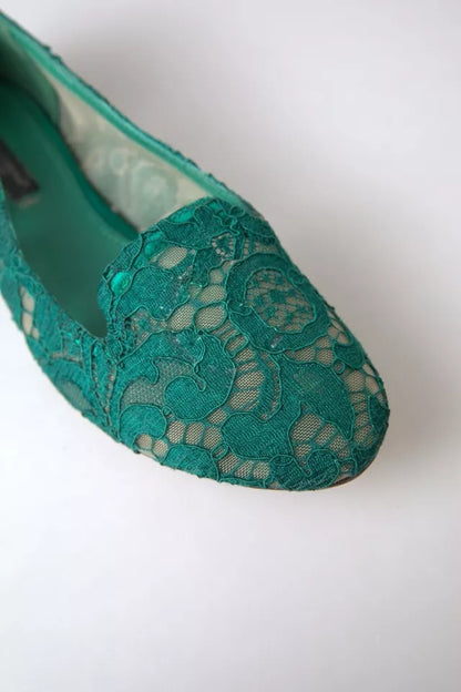 Green Floral Lace Loafers Flats Shoes