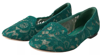 Green Floral Lace Loafers Flats Shoes