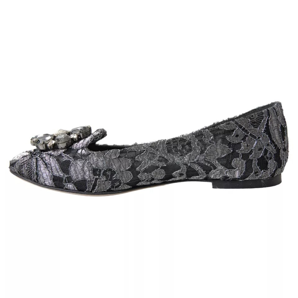 Gray Black Lace Crystal Ballet Loafers Shoes