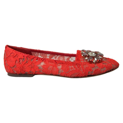 Red Lace Crystal Ballet Loafers Shoes