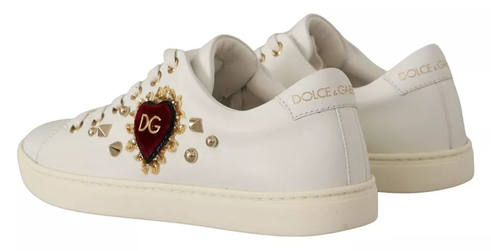 White Leather Gold Red Heart Sneakers Shoes