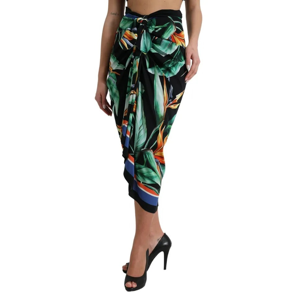 Black Strelitzia High Waist Wrap Midi Skirt