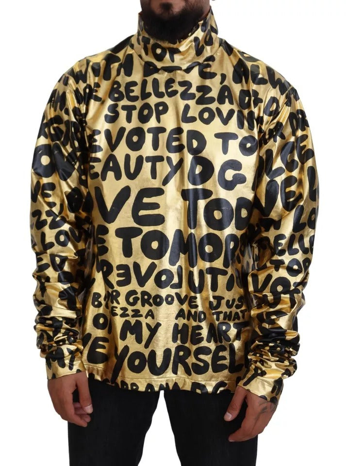 Gold Logo Print Turtleneck Pullover Sweater