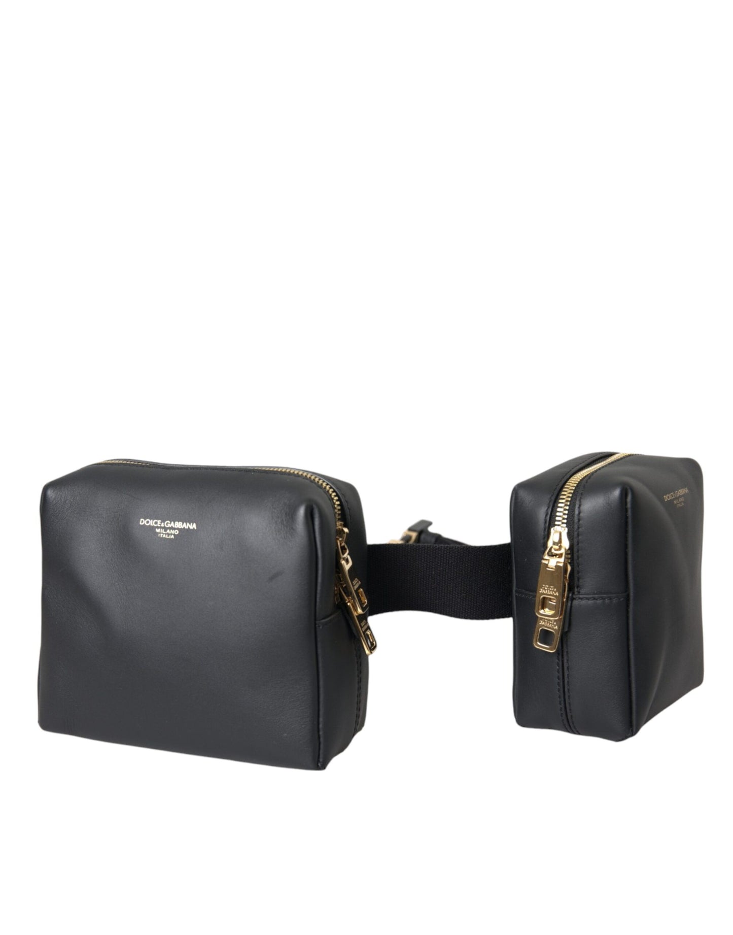 Black Calfskin Leather Double Waist Belt Fanny Pack Bag