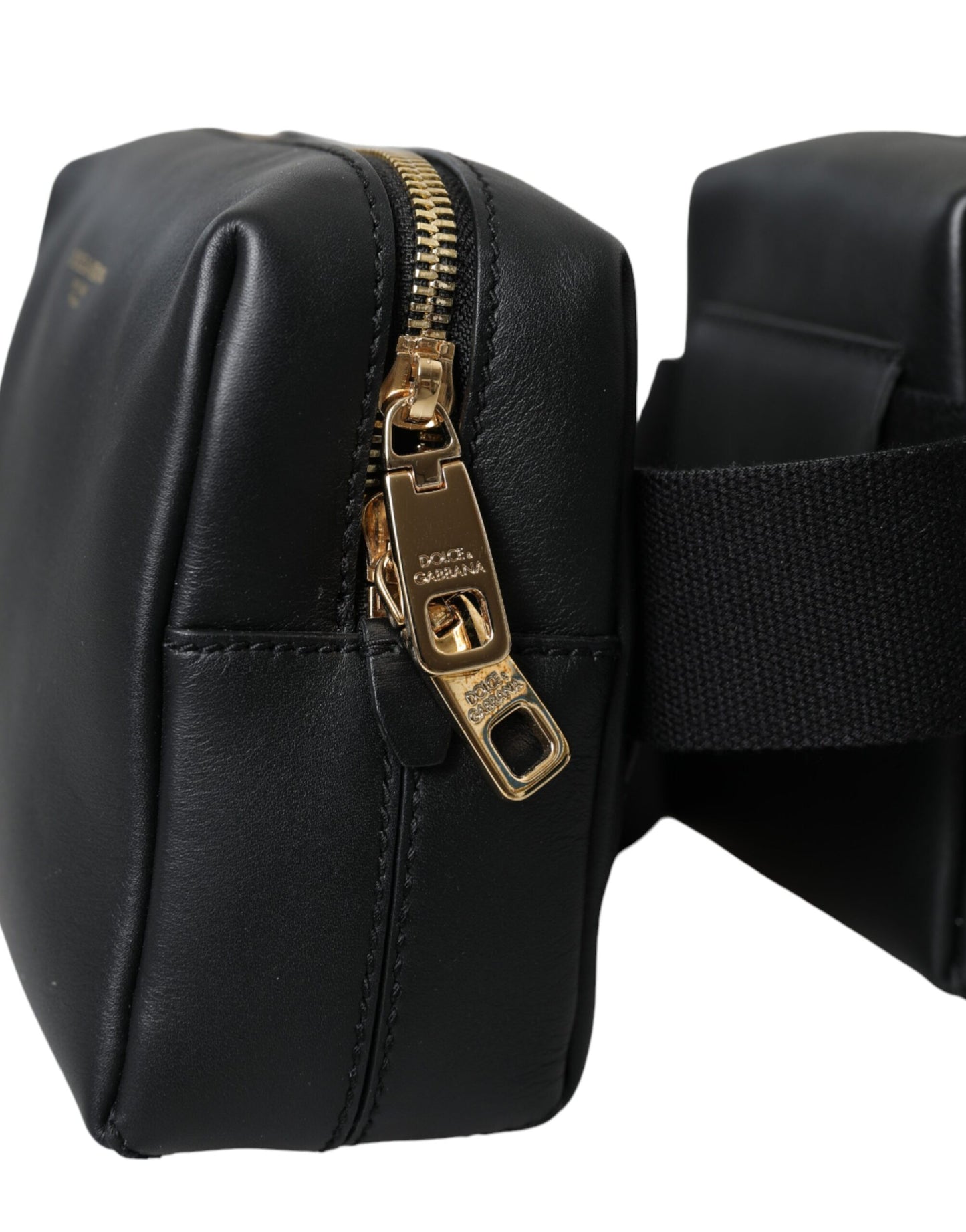 Black Calfskin Leather Double Waist Belt Fanny Pack Bag