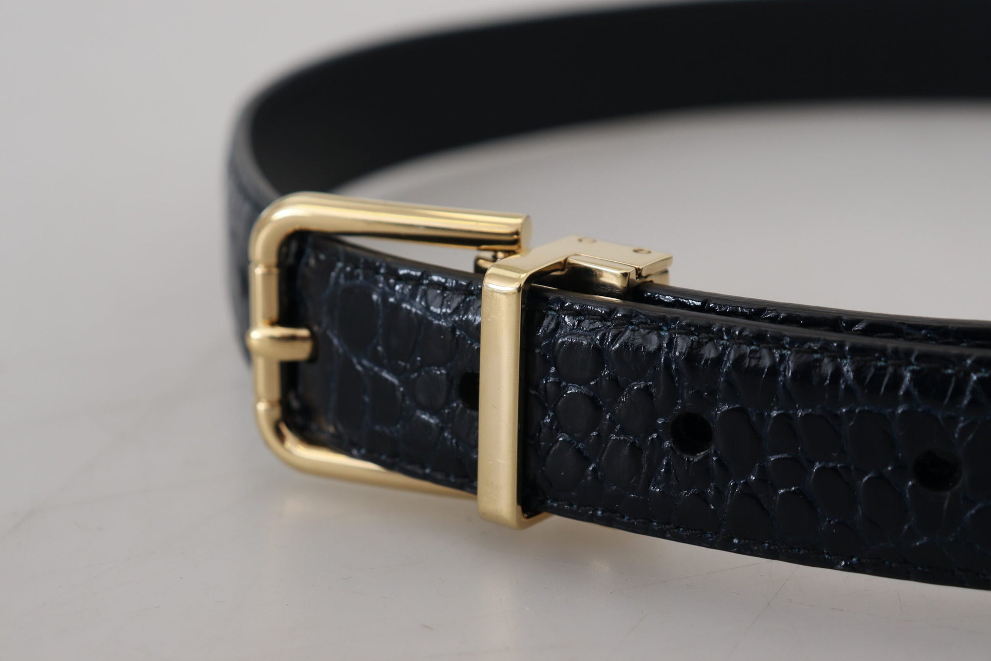 Black Exotic Leather Gold Metal Buckle Belt