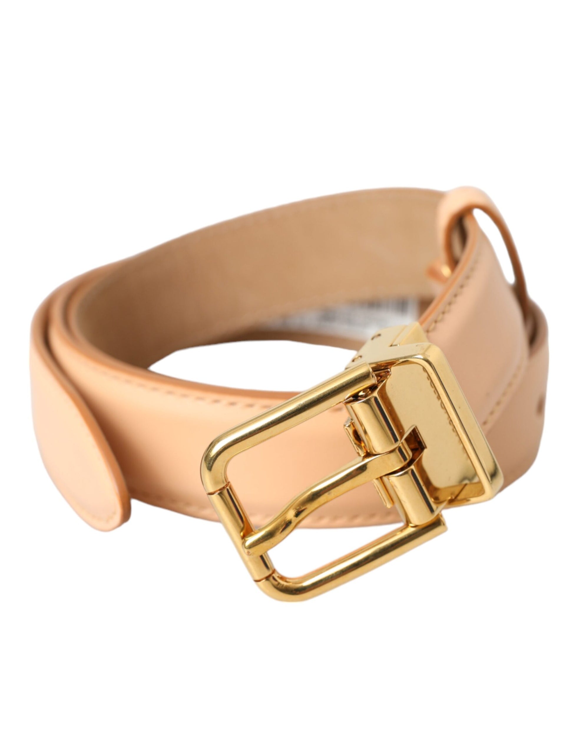 Beige Calfskin Leather Gold Metal Buckle Belt