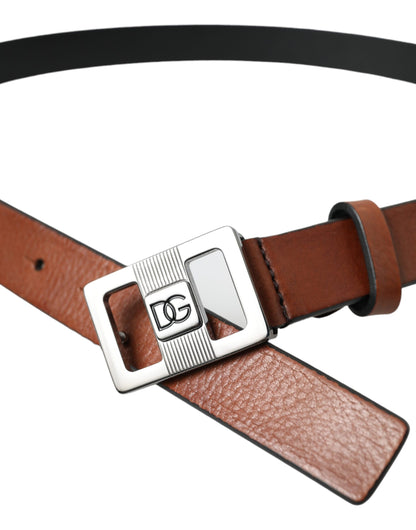 Dark Brown Leather Square Metal Buckle Belt