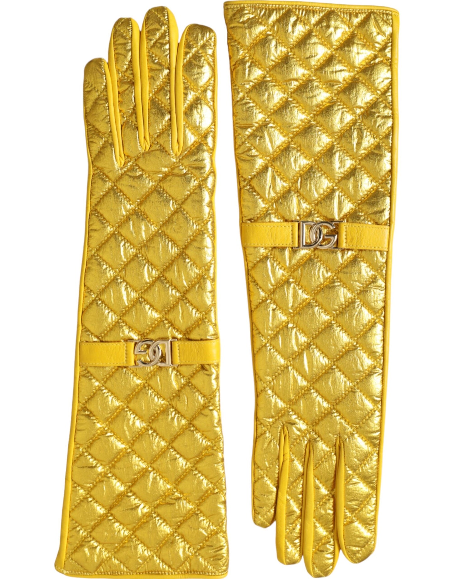 Gold Leather Quilted Mid Arm Length Gloves