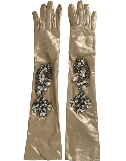 Beige Satin Crystal Elbow Length Gloves