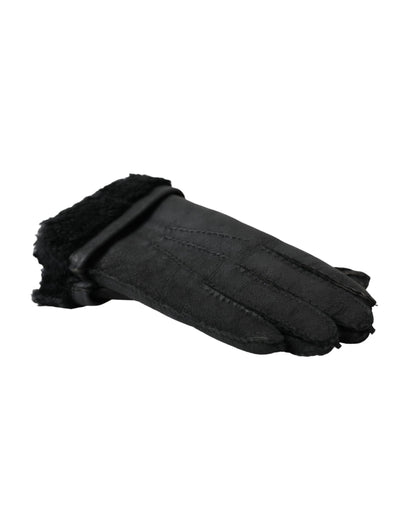 Black Leather Fur Short Hands Gloves